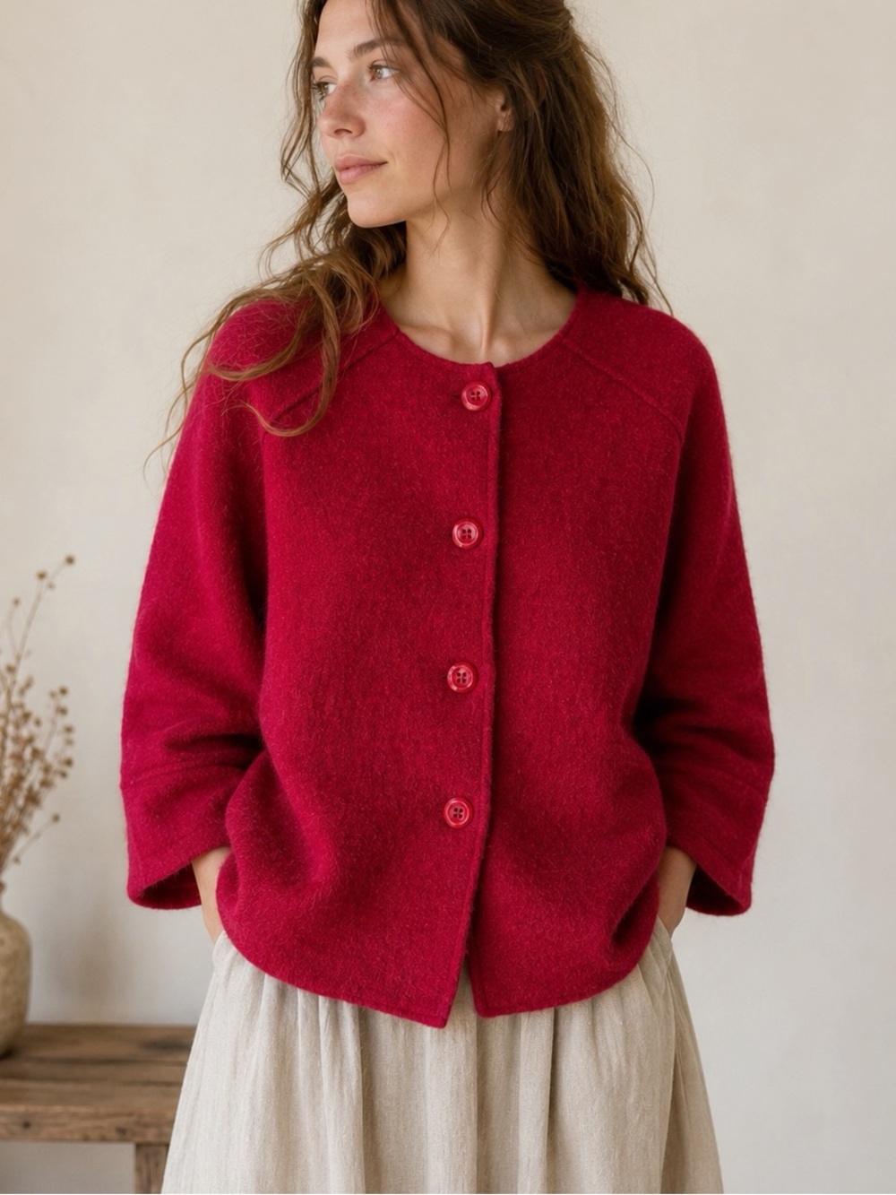 VTG Woman Red Wool Relax Oversized Cardigan Jacket SMALL Classic Folk Preppy